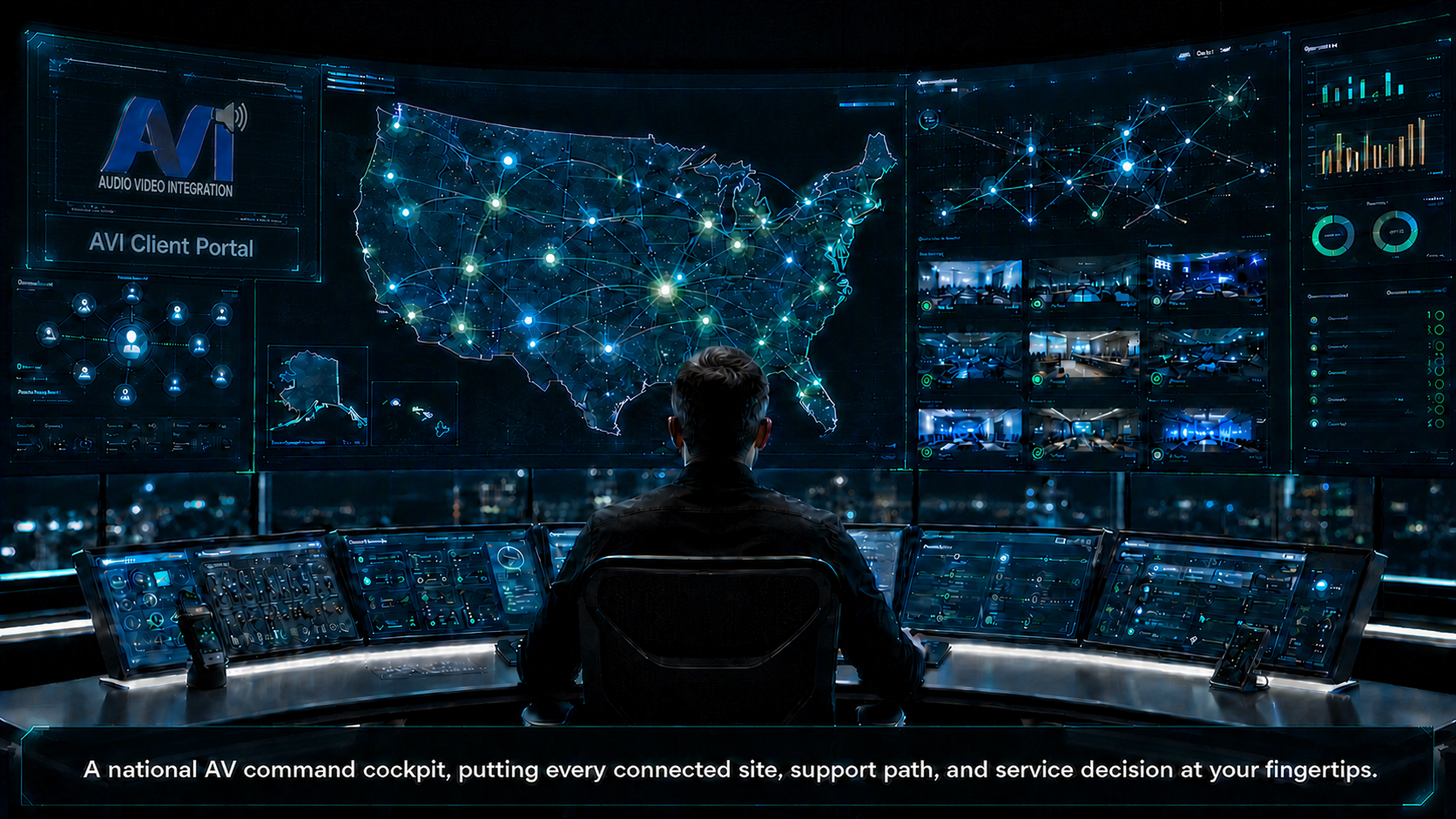 AVI Client Portal command cockpit showing a national AV support footprint