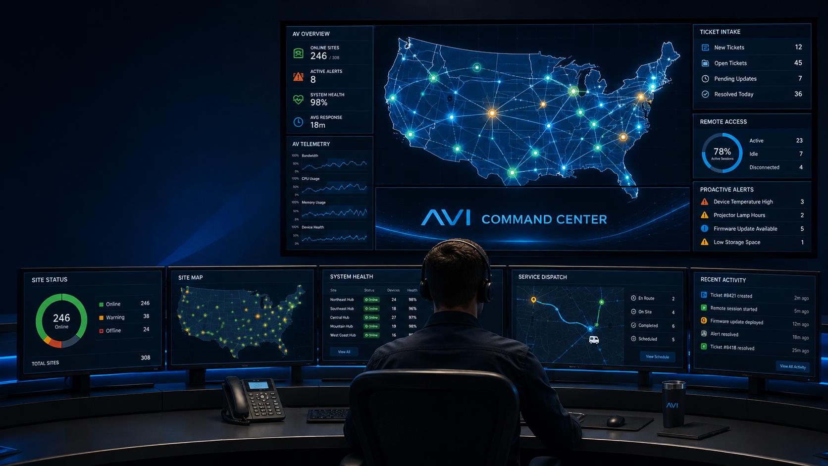 AVI national command center monitoring multi-site AV systems